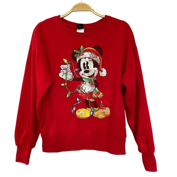 Disney Mickey Mouse Santa Christmas Light Sweatshirt Women Red Size S Holiday - Picture 1 of 10